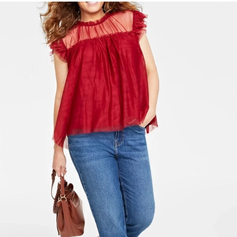 Chic Red Ruffle Sleeve Blouse - Picture 1 of 6